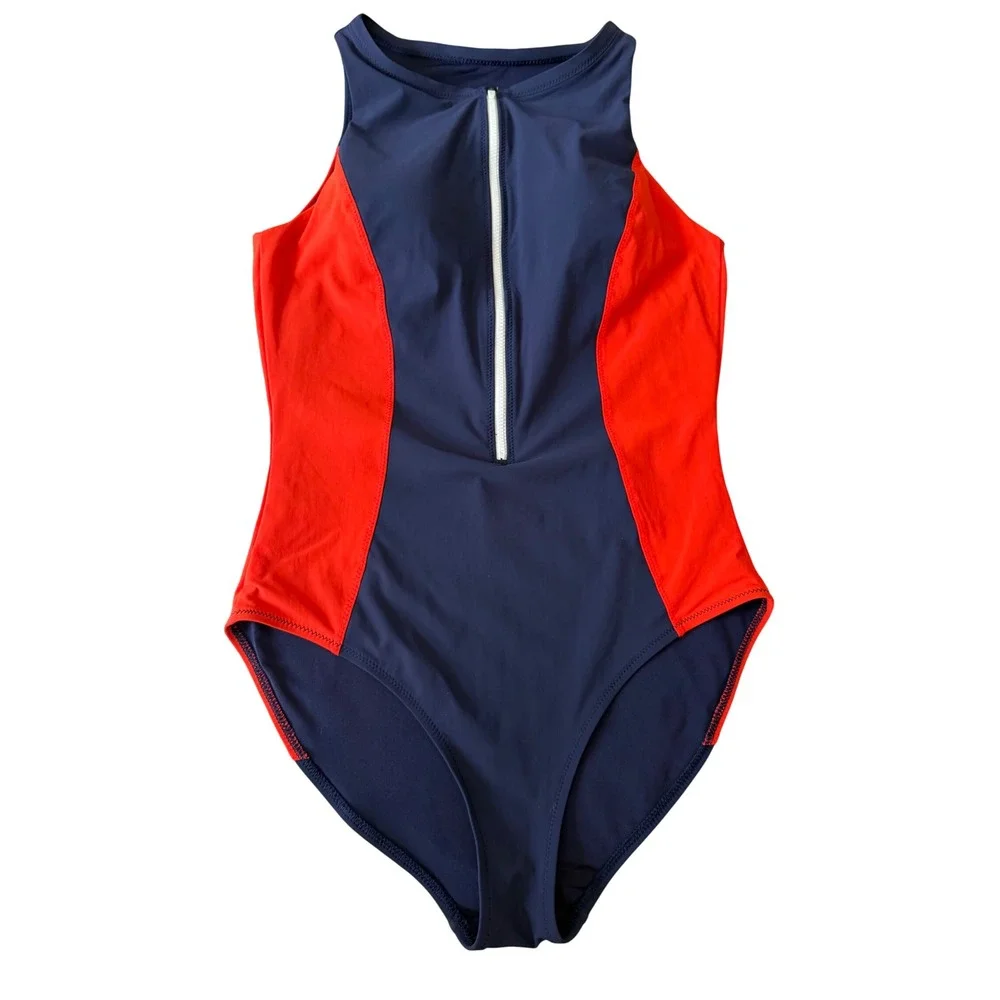 Athleta Swimsuit One Piece Colorblock Zip Front Navy Blue Red Medium